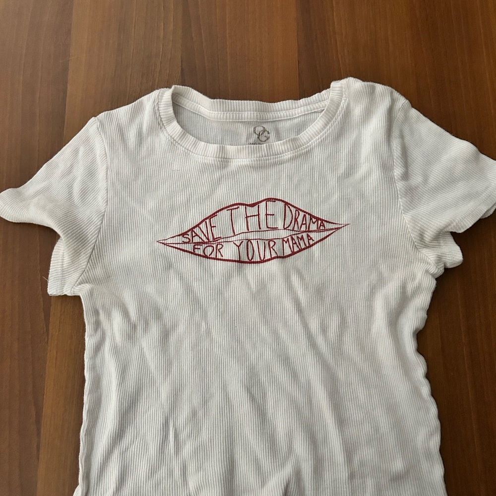 White Tee with Red Embroidered Lips Design